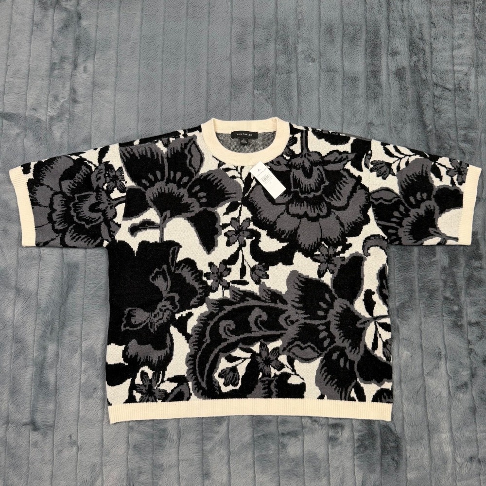 Ann Taylor Womens Floral Jacquard Short Sleeve Sweater Black Grey Ivory Size M